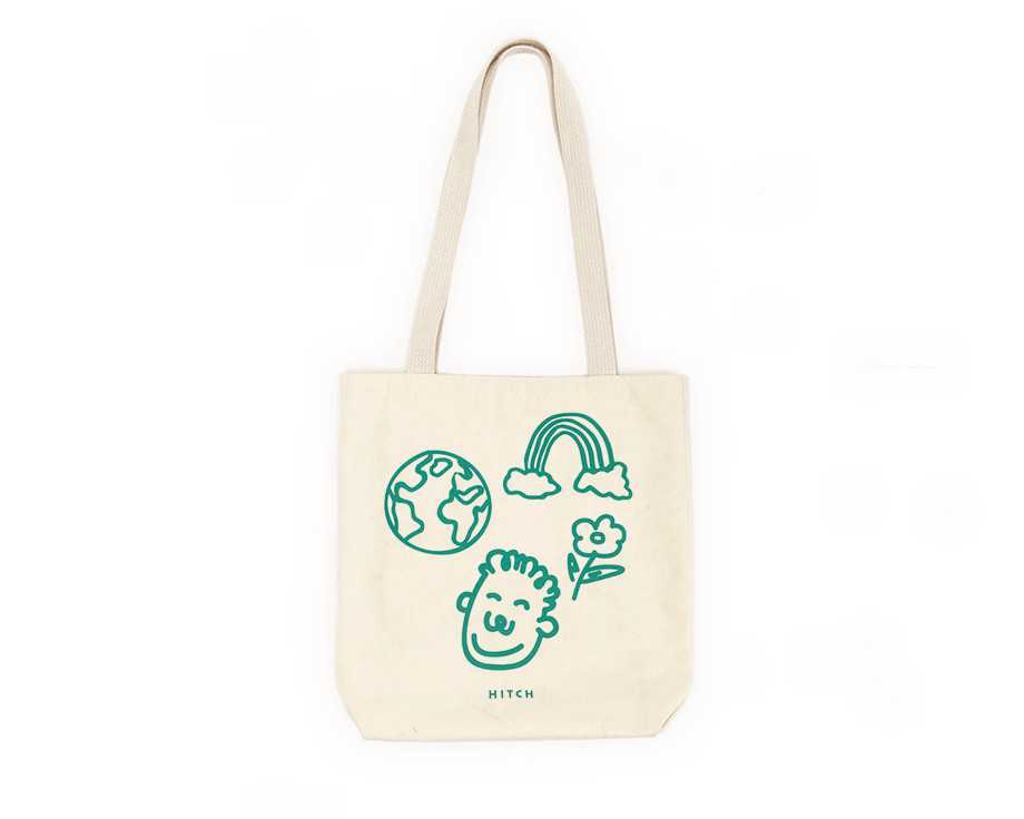 Canvas tote with hand drawings of a rainbow, earth, and person, with the Hitch logo in green